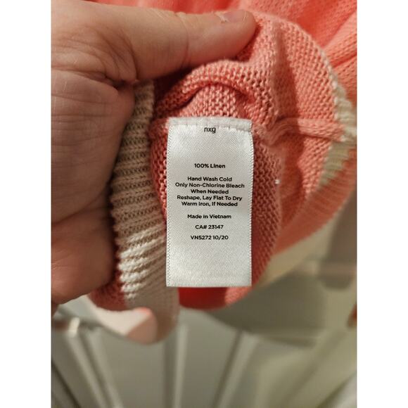 Talbots 100% Linen V-Neck‎ Varsity Sweater Pink White Trim Size M Medium Preppy - Picture 5 of 6